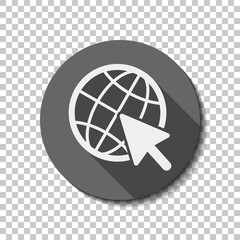 Globe and arrow icon. flat icon, long shadow, circle, transparen