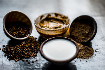 Close up of ayruevdic face pack of mung dal with sandal wood or chandan with milk and oats on...