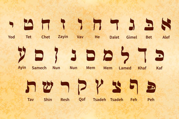 Set of ancient alphabet symbols of Hebrew language on old parchment - 218219937
