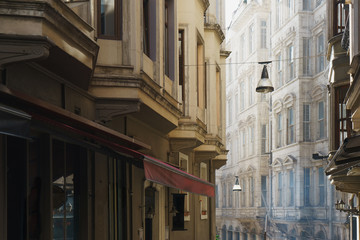 Narrow streets of old Istanbul. Walking through the historic city.