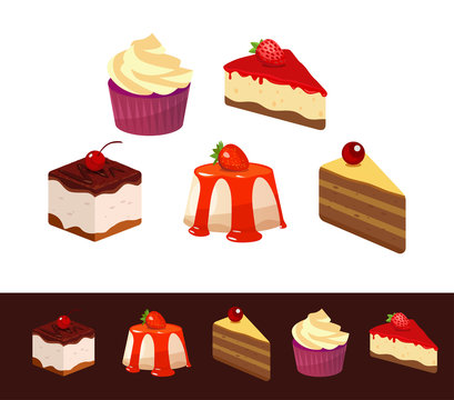 Set of Icons, Dessert Dishes, Vector Illustration isolated on white and black dark background