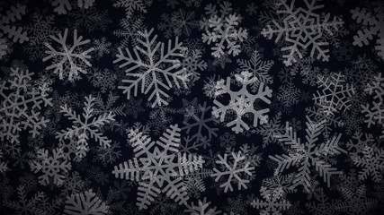 Naklejka na ściany i meble Christmas background of many layers of snowflakes of different shapes, sizes and transparency. White on black.