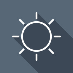 Sun icon. Linear, thin outline. White flat icon with long shadow