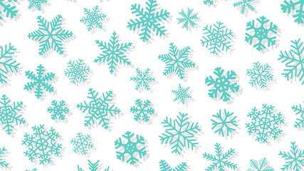 Christmas background of snowflakes of different shapes and sizes with shadows. Light blue on white