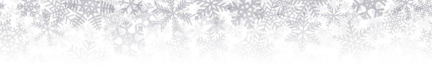Christmas horizontal seamless banner or background of many layers of snowflakes of different shapes, sizes and transparency. Gradient from gray to white