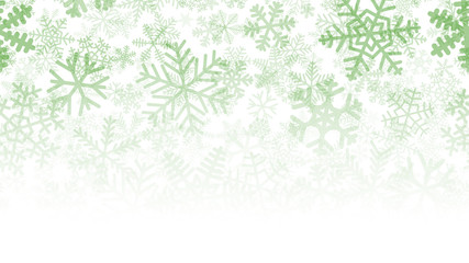 Christmas background of many layers of snowflakes of different shapes, sizes and transparency. Gradient from green to white