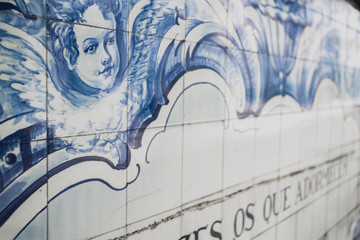 Close-up of azulejos, portuguese traditional blue and white tiles.