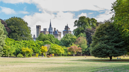 View on Cardiff castle from  Bute park in the centre of Cardiff, Wales, UK