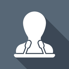 Speaker icon. Person silhouette and microphones on tribune. Whit