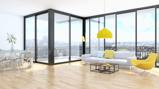 Modern Bright Interiors Apartment Living Room 3D Rendering Illustration