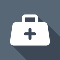 first-aid kit, simple icon. White flat icon with long shadow on