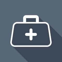 first-aid kit, outline symbol. White flat icon with long shadow