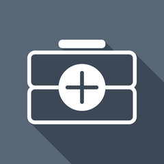 first-aid kit, outline symbol. White flat icon with long shadow