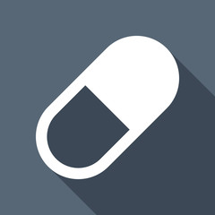 simple symbol of pill or vitamin. White flat icon with long shad