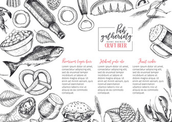 Hand drawn Oktoberfest pub menu template. Beer and snacks. Vector glass, bottle, opener, fish, pretzel, barley, hop, food. Alcohol beverages. Craft brewery. Discount banner festival flyer, pub poster.
