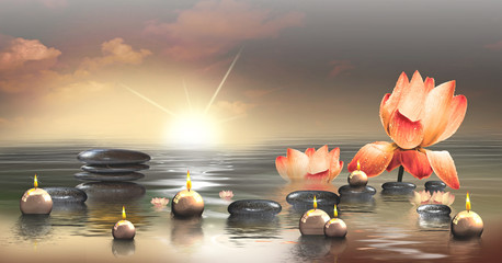 Wandbild mit Seerosen, Steinen im Wasser und schwimmenden Kerzen