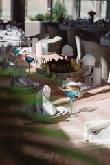 Empty glasses set in restaurant. Celebrating a wedding or other holiday