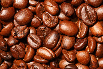 Close up of coffee beans texture background, selective focus