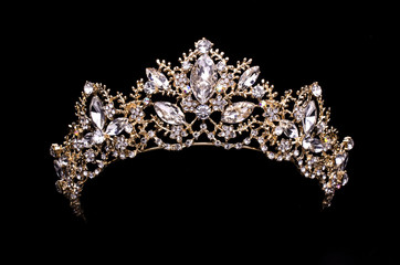 gold diadem with diamonds isolated on back - 218224931