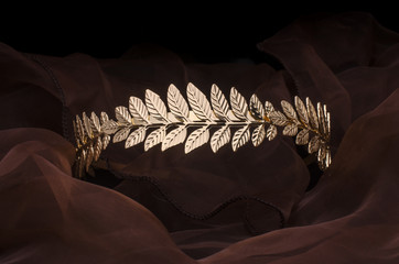 golden laurel wreath, headband isolated on the fabric