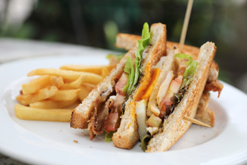 Club sandwich , Sandwich with egg bacon chicken tomato with fried outdoor restaurant background