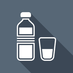 bottle of water and glass cup. simple icon. White flat icon with