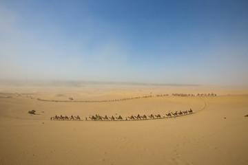 Fototapeta na wymiar Tourists ride Camel over Sunshine Summer Desert