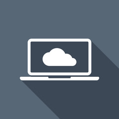 Cloud technology, software. Laptop and cloud. White flat icon wi