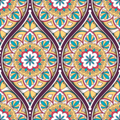 Seamless pattern with ethnic mandala ornament. Hand drawn vector illustration