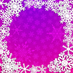Christmas illustration with circle frame of white snowflakes on purple background