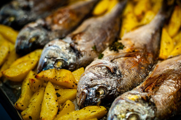 Fish Sparus aurata for baking with potatoes and greens
