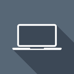 Laptop or notebook computer icon. White flat icon with long shad