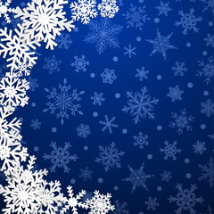 Christmas illustration with semicircle of big white snowflakes with shadows on blue background