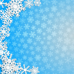 Naklejka na ściany i meble Christmas illustration with semicircle of big white snowflakes with shadows on light blue background