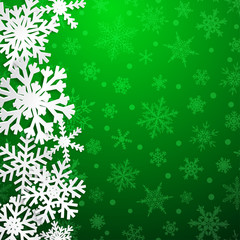 Christmas illustration with big white snowflakes with shadows on green background