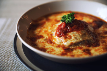 Homemade Beef Meat lasagna on dish in restaurant , Italian food