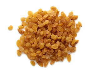 Heap of yellow raisins isolated on white background. Top view.