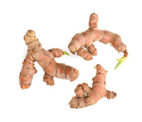 Turmeric root on white background.