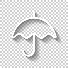 Simple umbrella icon. Linear, thin outline. White icon with shad