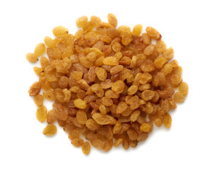 Heap of yellow raisins isolated on white background. Top view.