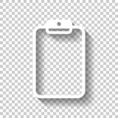Tablet with paper. White icon with shadow on transparent backgro