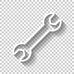 Wrench. Linear, thin outline. White icon with shadow on transpar