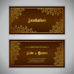 Luxury wedding invitation with golden ornament. Vector illustration