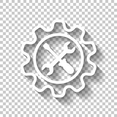 Wrench and screwdriver in gear. White icon with shadow on transp