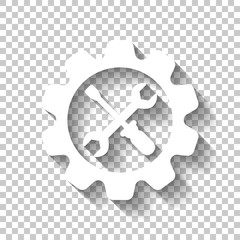 Wrench and screwdriver in gear. White icon with shadow on transp