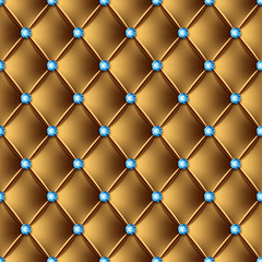 Leather upholstery seamless pattern with golden thread and gems. Vector Illustration