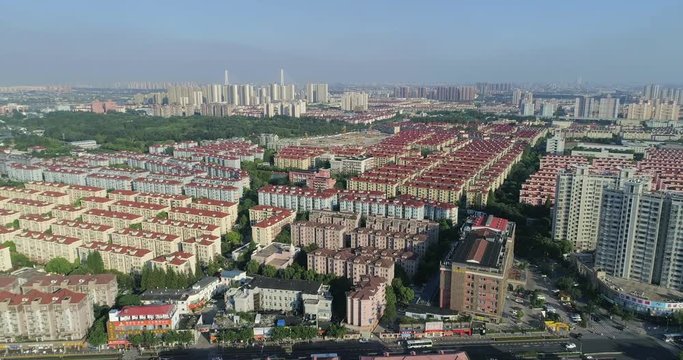 Shanghai Skyline. Drone flight over highly populated residential area with blocks of skyscrapers and residential buildings. Shanghai, China.