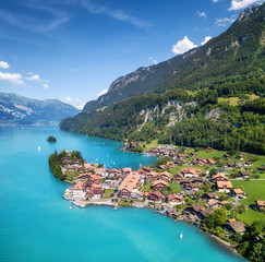 Aerial view on the town and Interlaken lake. Natural landscape from drone. Aerial landscape from...