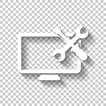 Computer repair service. White icon with shadow on transparent b