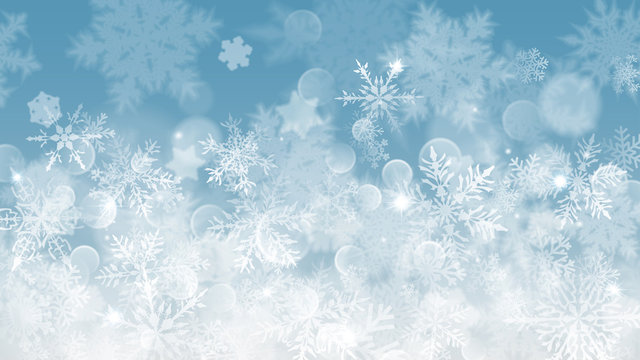 Christmas illustration with white blurred snowflakes, glare and sparkles on light blue background